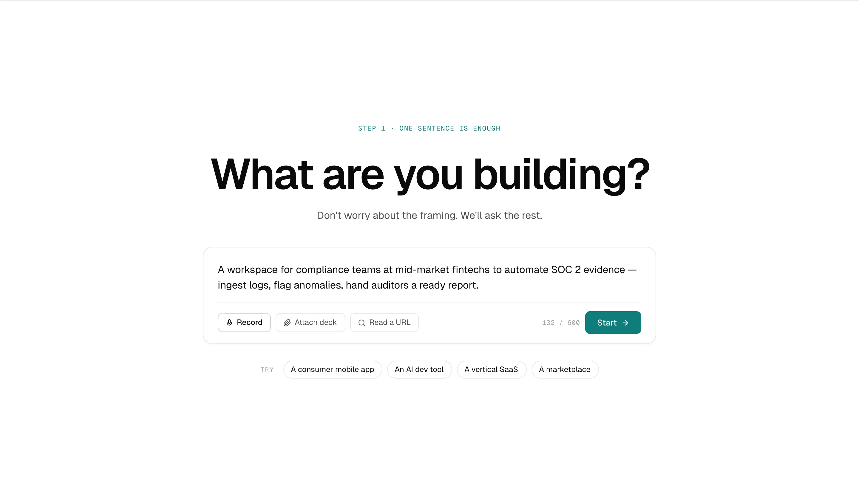 Intake & framing · Verdikt app screen